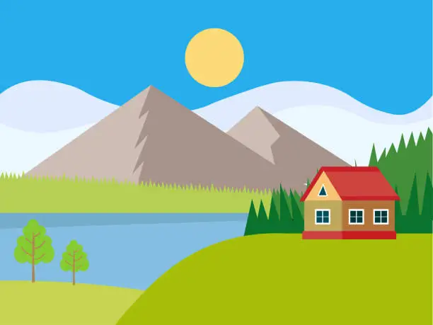 Vector illustration of Beautiful rural landscape with houses and mountain views.