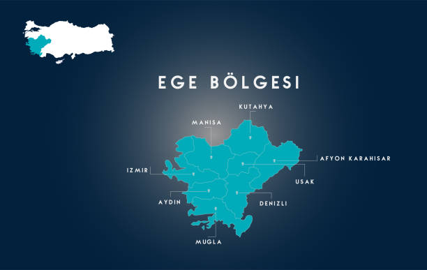 ilustrações, clipart, desenhos animados e ícones de mapa de turquia a região do egeu (turkiyenin turca ege bolgesi haritasi) - izmir