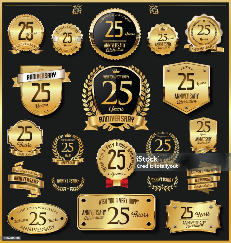 Aniversario retro vintage oro insignias y etiquetas vector - arte vectorial de Logotipo libre de derechos