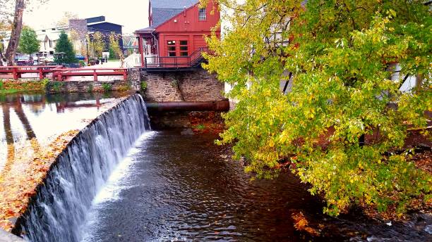 Moving Waterfall in a Quaint Village during Autumn Timeframe