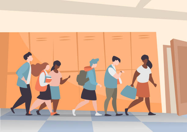 Group of students is on the school corridor to the classroom Vector illustration group of students walking school corridor to the classroom. School interior inside with characters schoolgirl uniform stock illustrations