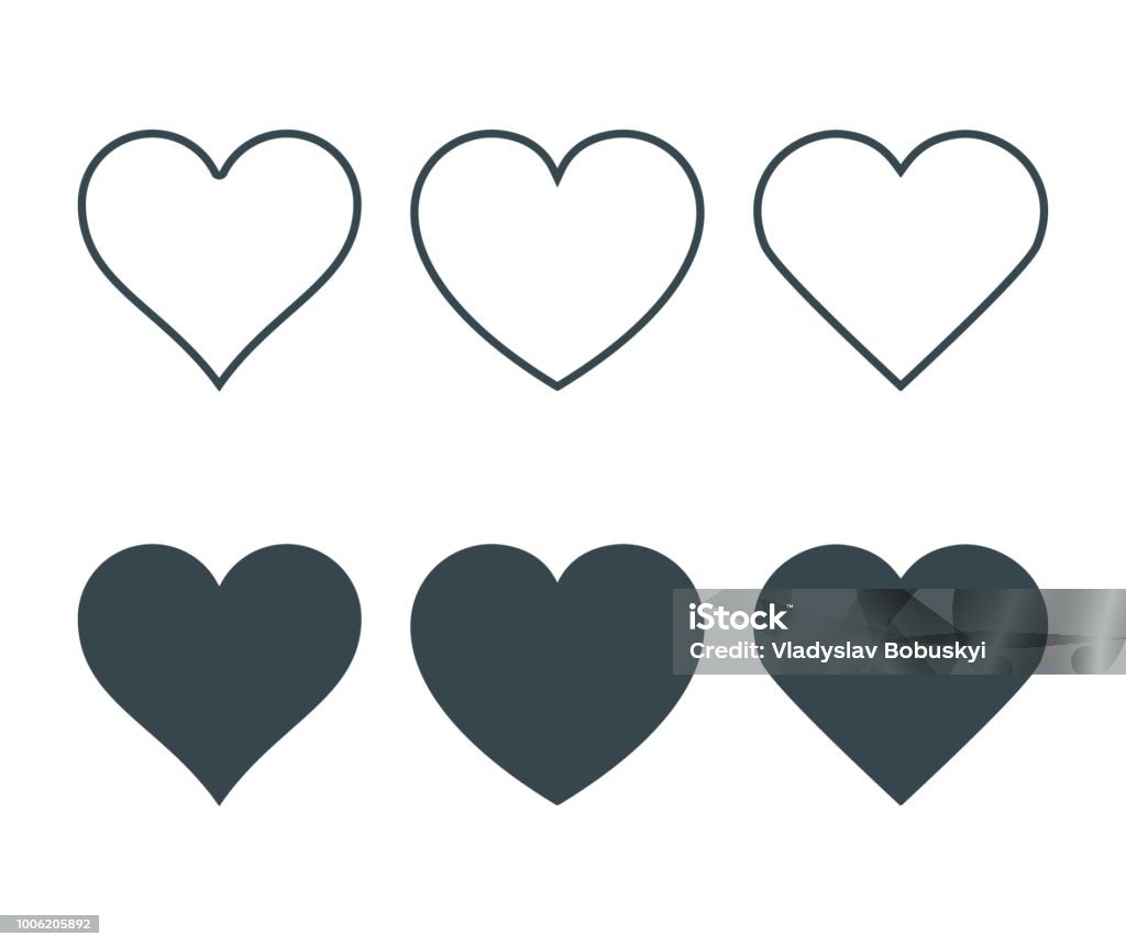 Novos ícones de coração, conceito de amor, um conjunto de ícones lineares com linha fina e com preenchimento escuro. Isolado no fundo branco. Ilustração vetorial - Vetor de Símbolo do Coração royalty-free