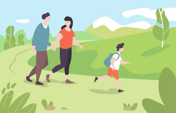 young family with kid walking in park Vector illustration young family with kid walking in park outdoor nature in moden flat style field non urban scene sky landscape stock illustrations