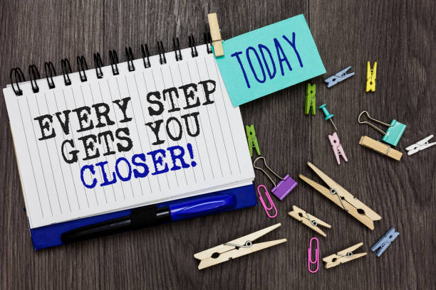 istock Writing note showing Every Step Gets You Closer. Business photo showcasing Keep moving to reach your goals objectives Different paperclip on woody table pinch on written notepad blue pen. 1006208258