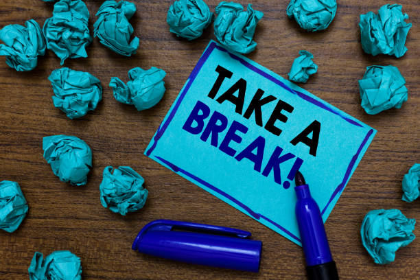 istock Conceptual hand writing showing Take A Break. Business photo showcasing Resting Stop doing something recreation time get out of work written blue letters on page blue marker and paper lumps. 1006212646