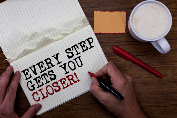 istock Handwriting text writing Every Step Gets You Closer. Concept meaning Keep moving to reach your goals objectives Sticky note red pen coffee with coffee mug hand hold pen with written words. 1006216678
