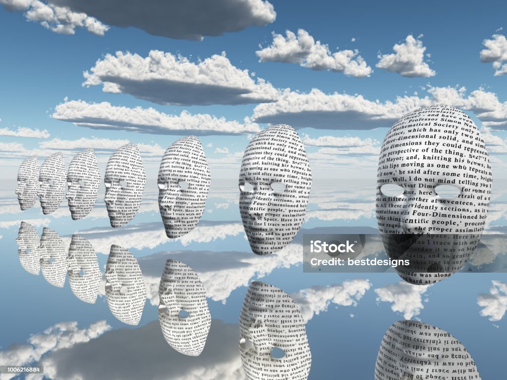 Surreal faces Surreal masks with text hovers in sky Salvador Dalí Stock Photo