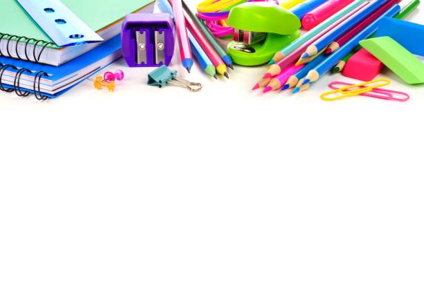 School supplies top border isolated on white School supplies top border isolated on a white background stapled paper stock pictures, royalty-free photos & images