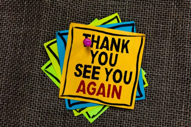 Text sign showing Thank You See You Again. Conceptual photo Appreciation Gratitude Thanks I will be back soon Black bordered different color sticky note stick together with pin on jute sack