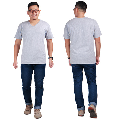 Attractive young Asian man standing posing wearing plain grey shirt, blank t-shirt mock up for  printing, front back view