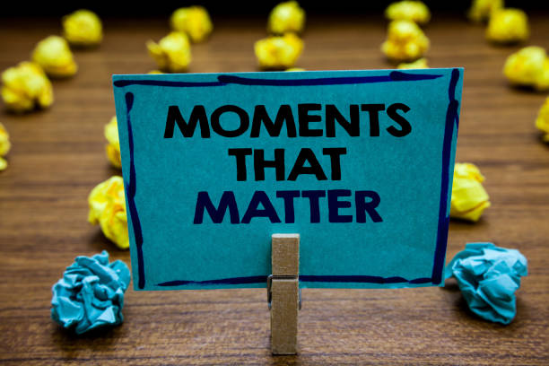 Handwriting text Moments That Matter. Concept meaning Meaningful positive happy memorable important times Blurry wooden deck yellow and blue lob on ground paper clip grip page with text.