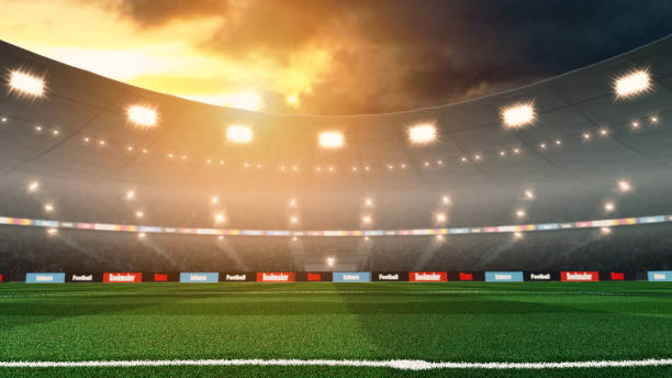 istock Empty sunset soccer stadium with lights and crowd. 1006229528