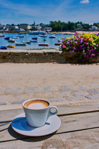 cup of coffee at a harbor in france - dining nautical vessel recreational boat europe imagens e fotografias de stock