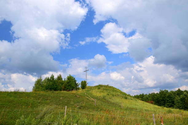 una grande croce di legno in piedi in cima a un'alta collina circondata da alberi con un ricco campo pieno di mais sotto di esso, erba densa, strada che conduce alla collina e un cielo estivo nuvoloso sopra la scena - poland rural scene scenics pasture foto e immagini stock