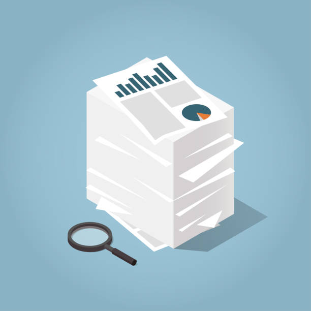 Isometric Stack of Paper illustration Vector minimal isometric illustration of working with documents. Big stacks of paper and  magnifier. Analysing and researching creative process concept. stack of papers stock illustrations