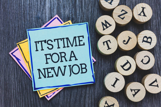 istock Handwriting text It s is Time For A New Job. Concept meaning Career changes seeking other work Recruitment Black wooden deck written sticky note beside some round woody alphabets. 1006241034