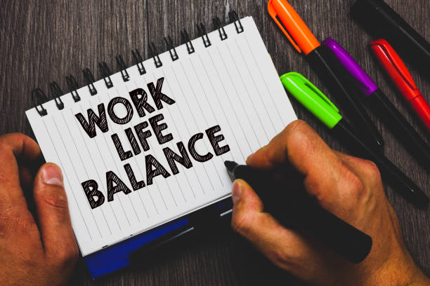 istock Word writing text Work Life Balance. Business concept for Division of time between working or family and leisure Hand holding pen and paper sketch words near lie some pen on woody desk. 1006246800