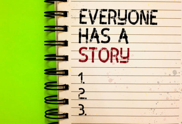 istock Word writing text Everyone Has A Story. Business concept for Background storytelling telling your memories tales Written black and red text and number on white notepad green background. 1006246822