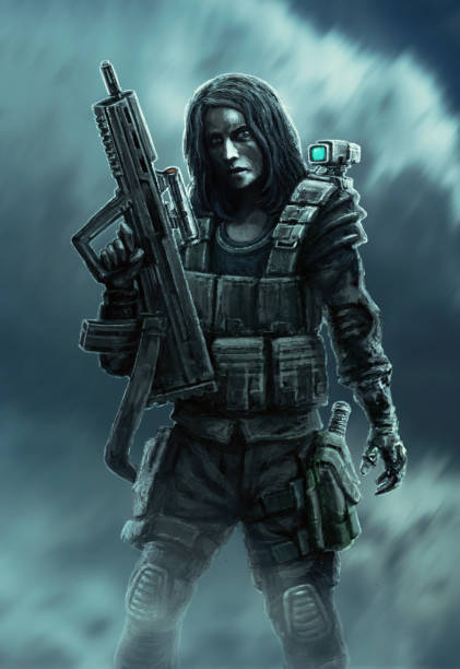 istock Woman soldier with gun. Female heroic character. 1006250216