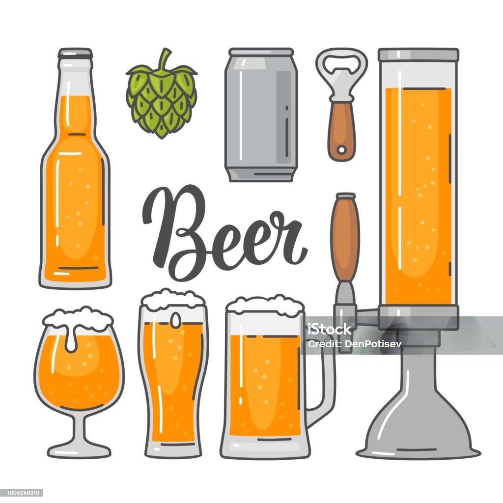 Le icone piatte vettoriali della birra impostano bottiglia, bicchiere, botte, pinta - arte vettoriale royalty-free di Birra