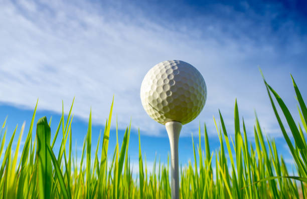 istock ant view, close up the golf ball on tee pegs ready to play with sky background 1006268584