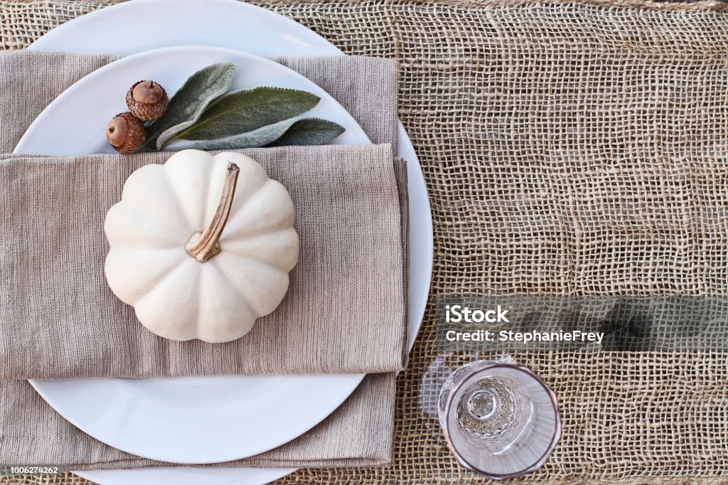 Above Autumn Place Setting Farmhouse style Thanksgiving Day or Halloween place setting with mini white pumpkins, Lamb's Ears leaves, and acorns over burlap table runner. Pumpkin Stock Photo
