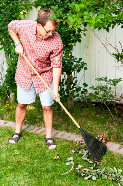 istock Man rakes up leaves in his backyard 1006286294