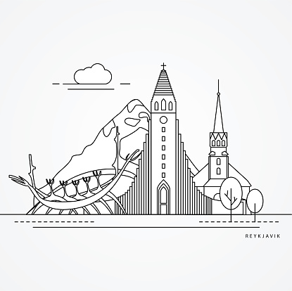 Linear illustration of Reykjavik, Iceland. Flat one line style. Trendy vector illustration. Architecture line cityscape with famous landmarks, city sights, design icons. Editable strokes