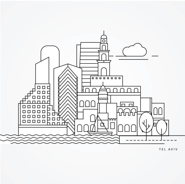 Print Linear illustration of Tel Aviv, Israel. Flat one line style. Trendy vector illustration. Architecture line cityscape with famous landmarks, city sights, design icons. Editable strokes israel skyline stock illustrations