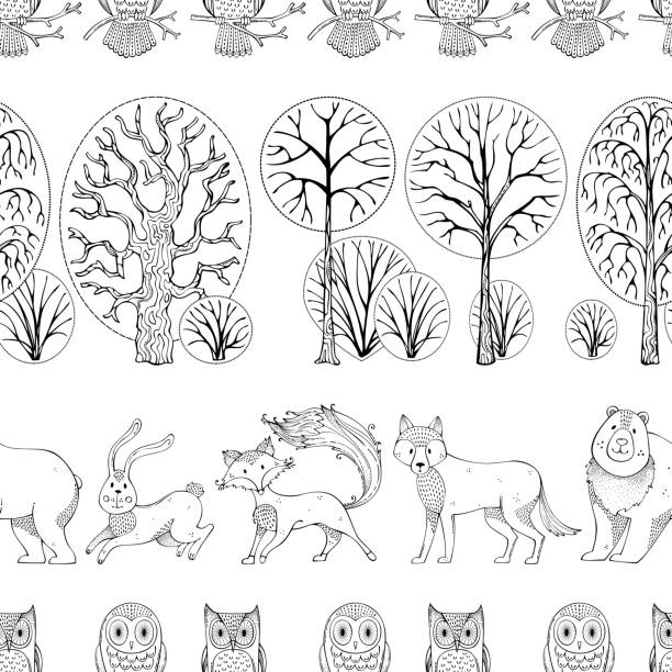 Wild animals in autumn forest. Vector seamless pattern. Doodles wild animals and birds on white background. Fox, bear, hare, wolf and owls. Trees and bushes. Duotone repeating tiles. background of a owl black and white stock illustrations