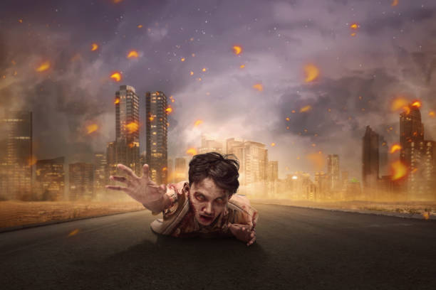 istock Aggressive asian bloody zombie man crawling 1006300950