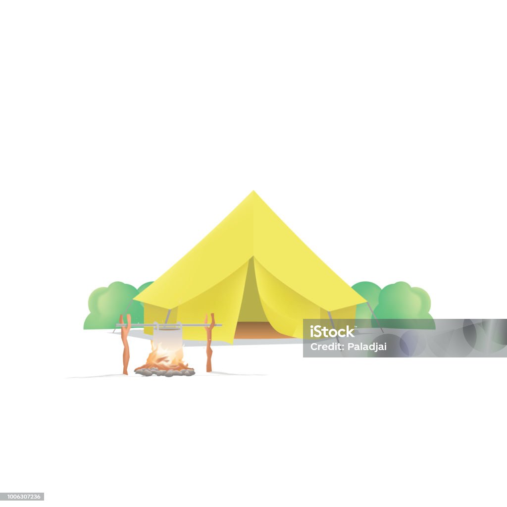 Zomerkamp Met De Gele Kamp En Kampvuur Op Witte Achtergrond Illustratie Vector Camping Concept Stockvectorkunst En Meer Beelden Van Achtergrond - Thema - Istock