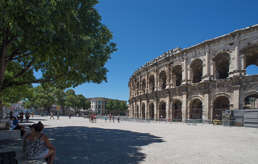 Nimes, France - July 9, 2015: The Arena of Nîmes is a Roman amphitheatre, situated in the French city of Nîmes.