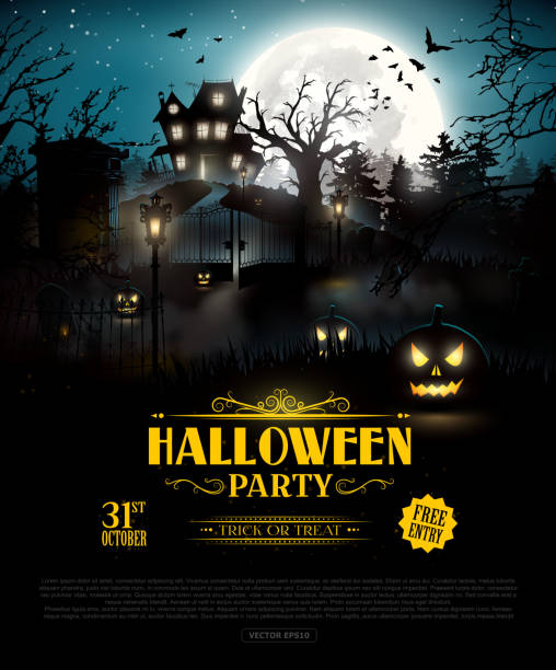 Halloween party background Scary graveyard and house in the woods - Halloween party background halloween moon stock illustrations