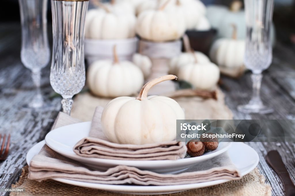 Country Table Setting Place setting on a rustic farmhouse country style table with mini white pumpkins, and crystal glasses for Thanksgiving Day or Halloween. Pumpkin Stock Photo