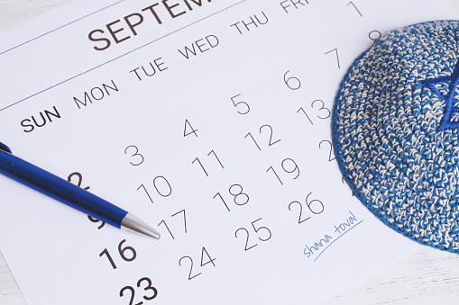 Calendar with kippah. Calendar with date September 10 and 11. Rosh Hashana, jewish new year concept.