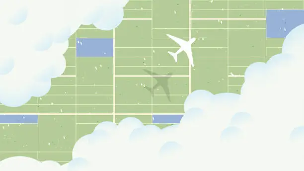 Vector illustration of Aerial view scenery landscape, aerial view of airplane flying over farm fields