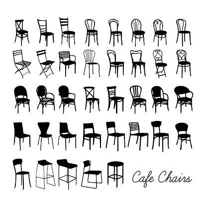 A collection of café chairs in black and white isolated on white background