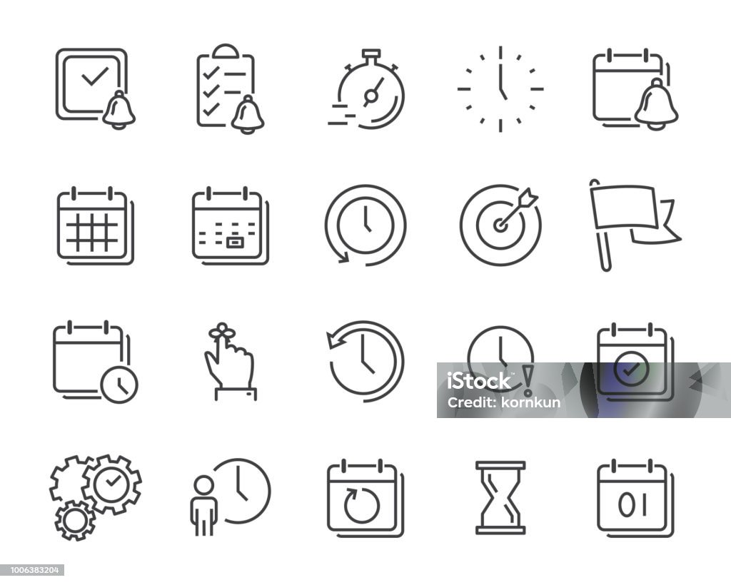 set of time relation vector line icon, such as calendar, reminder, day, year, event Icon Symbol stock vector