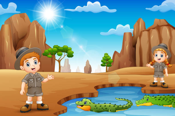 tierpfleger mit krokodilen in der wüste - förster wald stock-grafiken, -clipart, -cartoons und -symbole