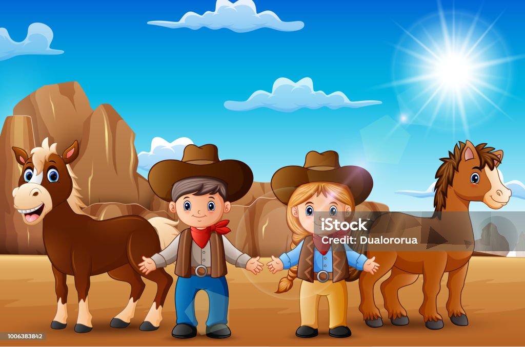 Cartoon cowboy and cowgirl with animals in the desert Illustration of cartoon cowboy and cowgirl with animals in the desert Cowboy stock vector