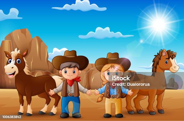 Cartoon Cowboy And Cowgirl With Animals In The Desert Stock Illustration - Download Image Now