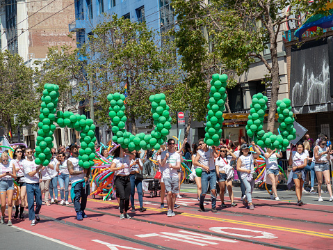 SAN FRANCISCO, CA JUNE 23, 2018: Hulu balloon banner at LGBT festival on sunny day