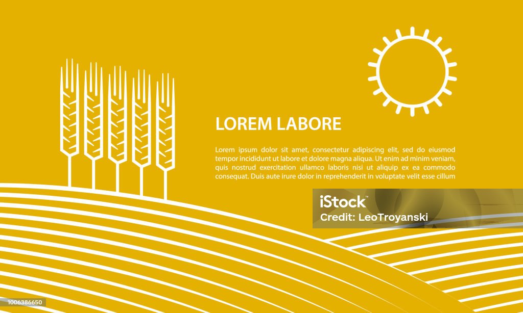 Farmer field and ears of wheat. Linear illustration for banner on a yellow background. Agricultural Field stock vector