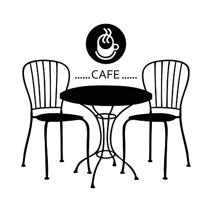 Vector illustration of two café chairs, a coffee table with café sign on the top in black and white
