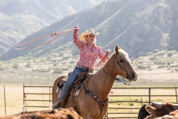 High quality stock photo of an attractive cowgirl wearing a plaid button up shirt, riding horseback in the Utah countryside.