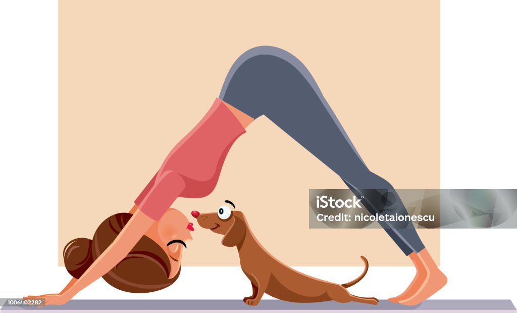 Funny Girl Exercising Next to Her Dog on Yoga Mat Woman doing Pilates next to her pet friend stretching together Dog stock vector