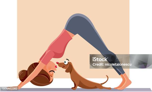 Funny Girl Exercising Next To Her Dog On Yoga Mat Stock Illustration - Download Image Now - Dog, Yoga, Downward Facing Dog Position