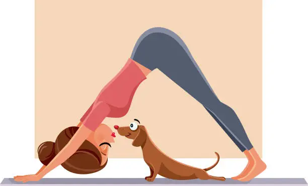 Vector illustration of Funny Girl Exercising Next to Her Dog on Yoga Mat