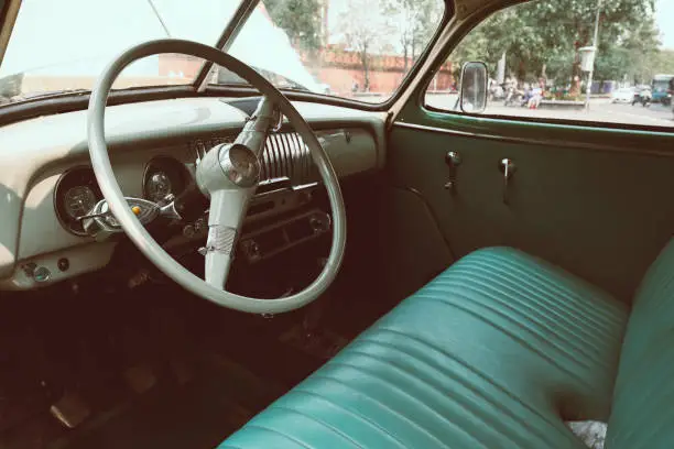 Photo of interior of vintage car
